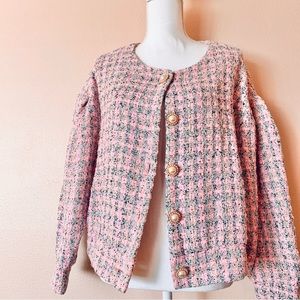 SHEIN Curve Pink & Black Plaid Tweed Long Sleeve Jacket